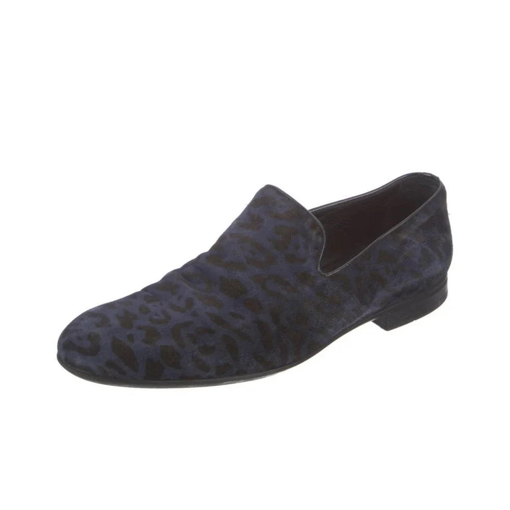 Jimmy Choo Mens Leopard Print Calf Hair Loafers Navy Blue Black Size 9.5 Luxury